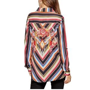 Savanna Jane Button Up Shirt Striped Embroidered Bull Size M Boho Western Style